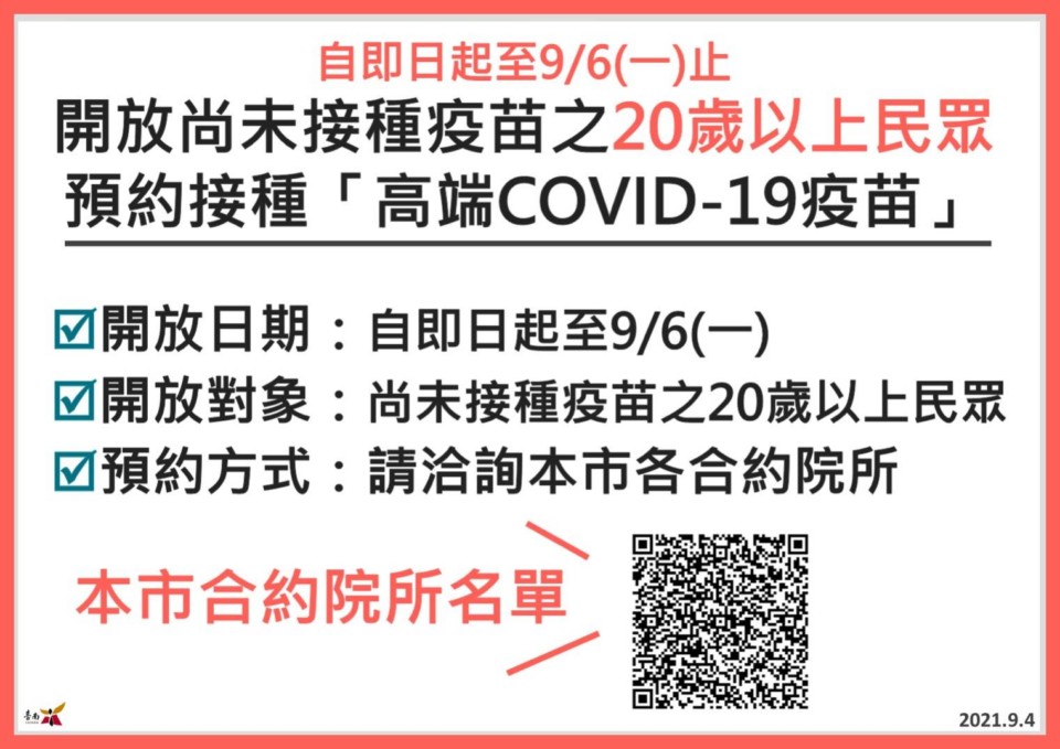 台南市自即日起至9/6開放20歲以上民眾接種高端COVID-19疫苗