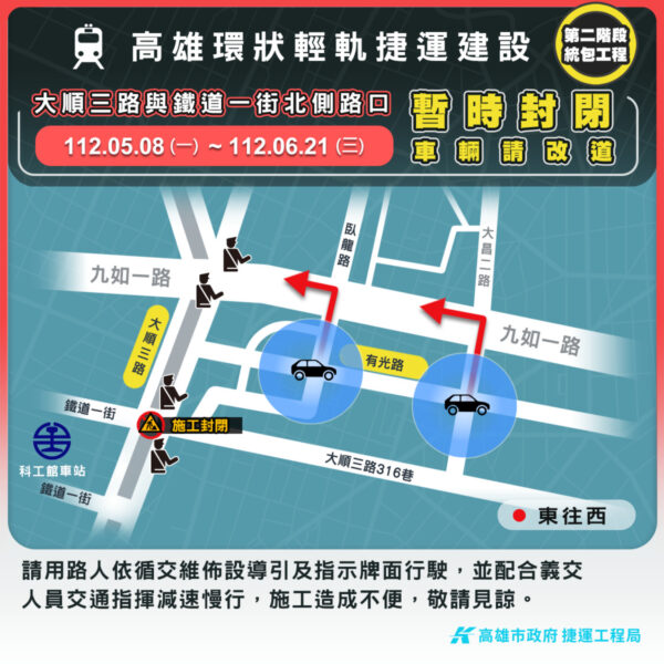 輕軌二階工程於大順三路與鐵道一街北側路口施工　實施交管