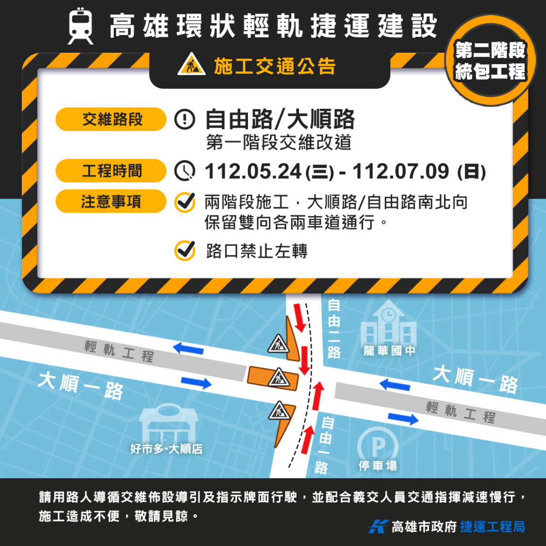 高雄輕軌大順路段富民路口、自由一路口、灣中街口 施工交維說明