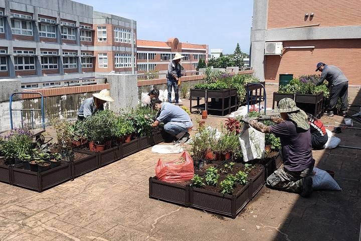 中華大學師生化身農友拈花惹草，寓教於樂。(圖/記者黃溎芬翻攝）