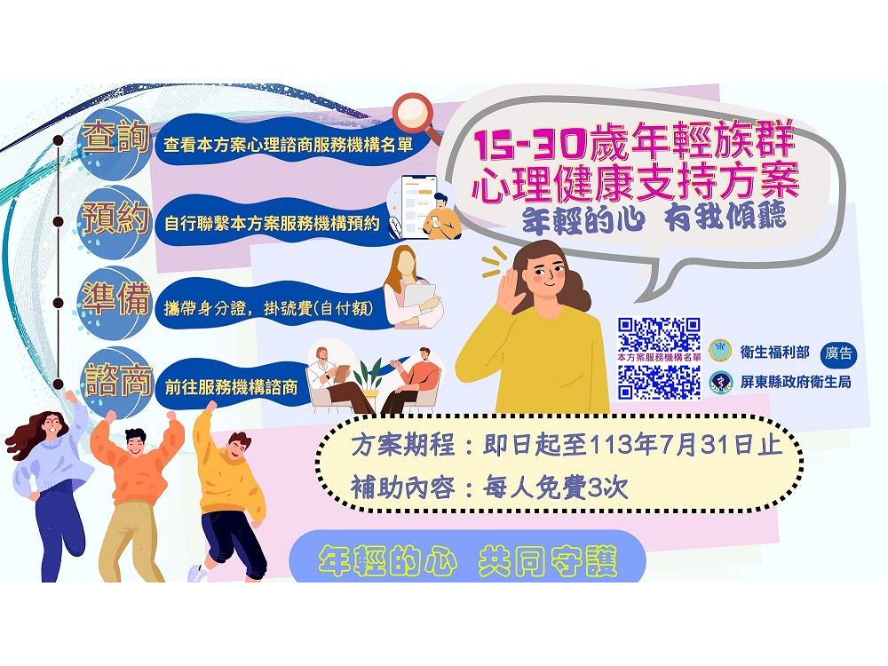 屏縣青少年心理諮商成長3倍  衛生局增2機構加入「心理健康支持方案」守護年輕的心