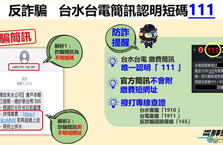 識破詐騙簡訊｜台水、台電引進「111」發送碼