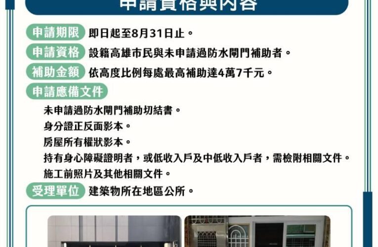 高市113年建置防水閘門補助即日起開跑 !