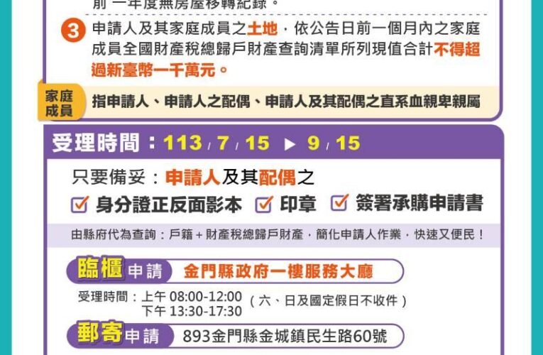 金門縣青年自建住宅土地承購專案 7/1公告上路