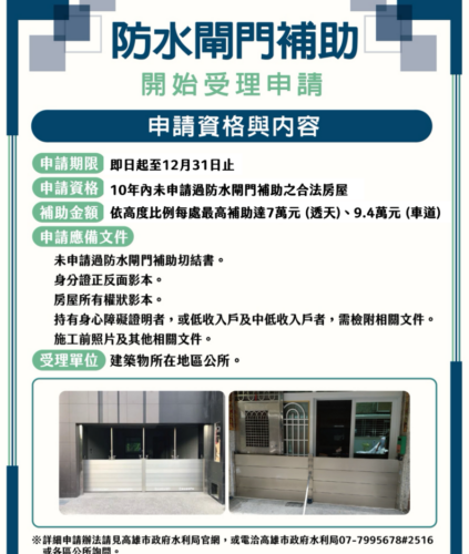 高雄市防水閘門補助 確定加碼再延長最高補助7萬元
