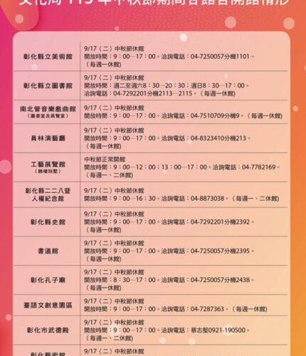 彰化縣文化局中秋節當天　調整各館舍開館請民眾注意