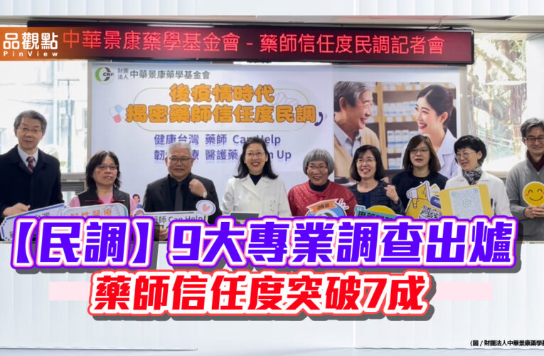 【民調】9大專業調查出爐 藥師信任度突破7成