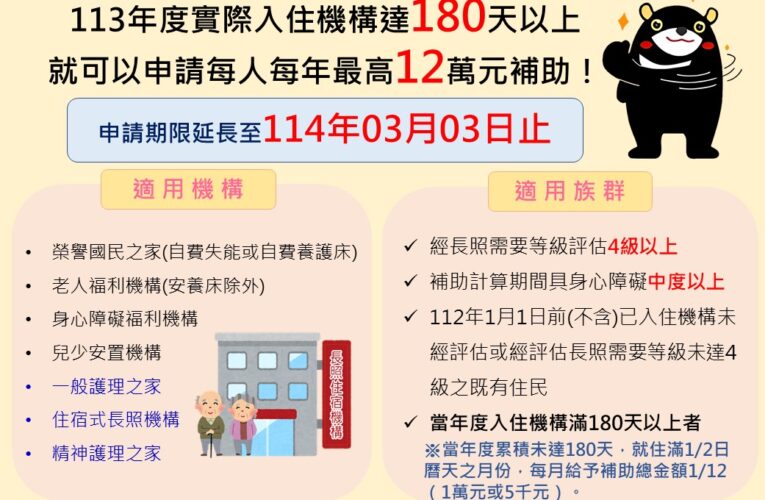 113年住宿式服務機構使用者補助方案 申請期限延長至114年3月3日止