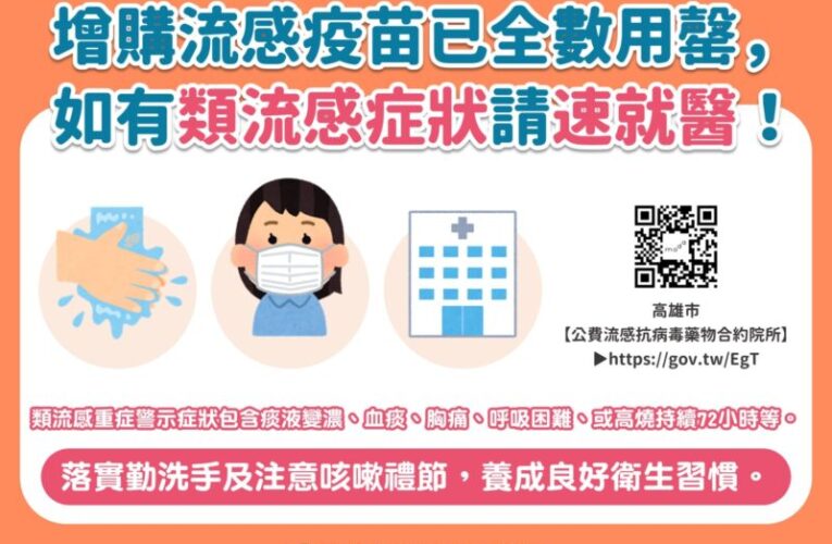 高雄市增配公費流感疫苗已全數用罄 公費流感抗病毒藥劑存量無虞