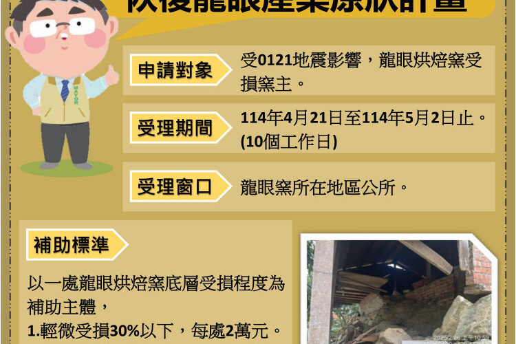 臺南市協助農民恢復龍眼產業原狀計畫啟動，4月21日至5月2日受理農民申請