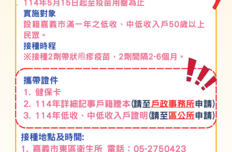 嘉市擴大帶狀疱疹疫苗補助！50歲以上低收戶每人省下1.7萬　5/15開打