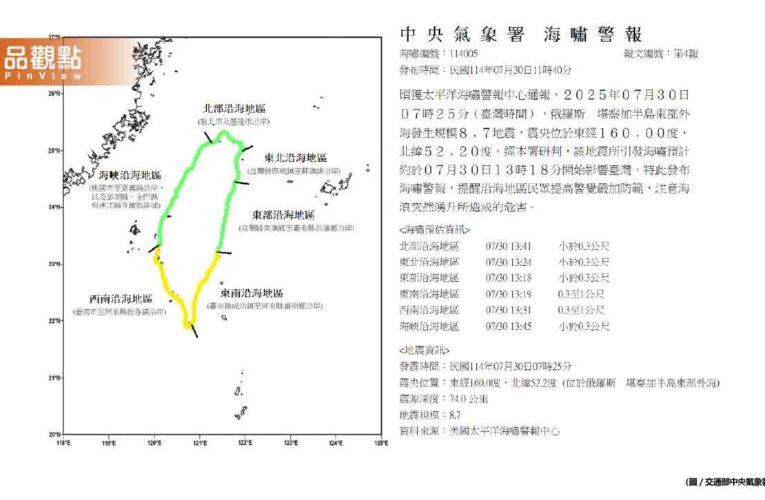 海嘯下午抵台灣 粉專示警：海底地震引發！極具危險