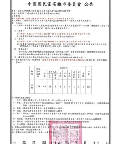 國民黨高雄市黨部發布第22屆黨代表選舉 預計將選出179名黨代表