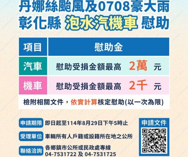 彰化縣啟動泡水車慰助計畫　汽車最高補助2萬元、機車2千元