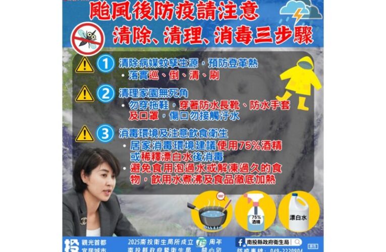 南投縣府:颱風災後做好「清除、清理、消毒」防疫三步驟