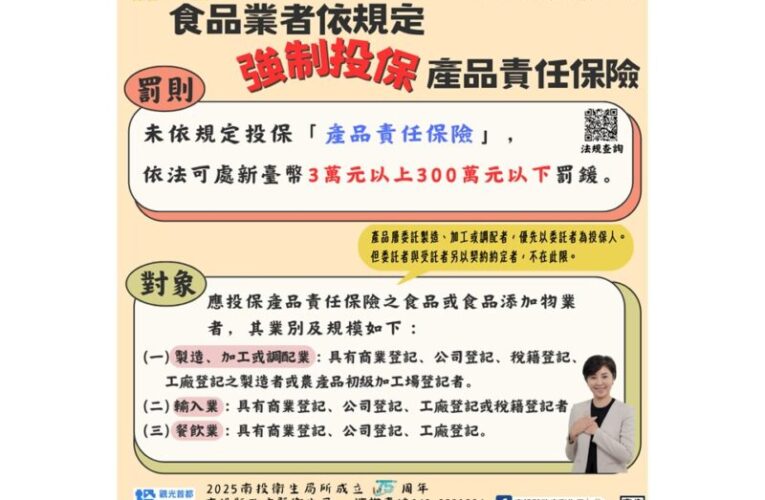 南投縣府:未投保產品責任險違反食安法  最高罰鍰300萬元