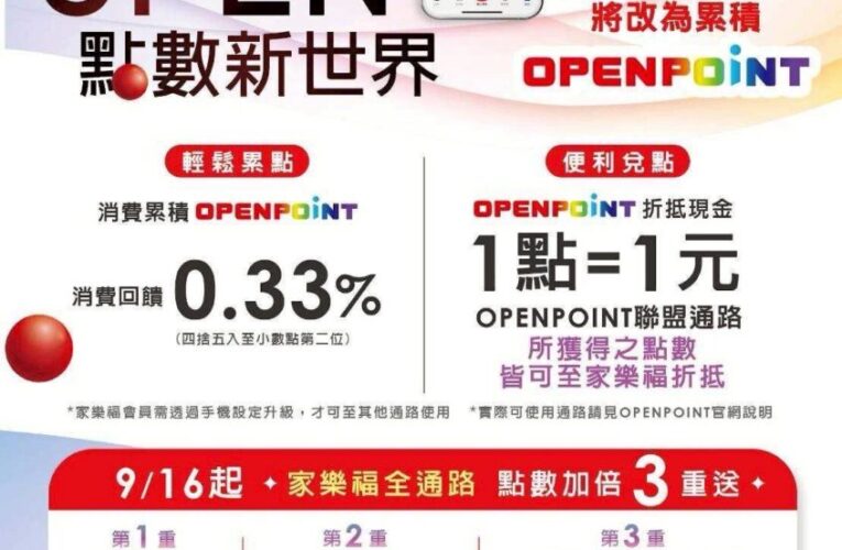 9/16起3重送　點數3倍送、OPENPOINT點數折抵支付送INLOVE CAFE 　量販/ 線上購物/超市/家速配消費滿額　使用OPENPOINT點數折抵換3倍購物金