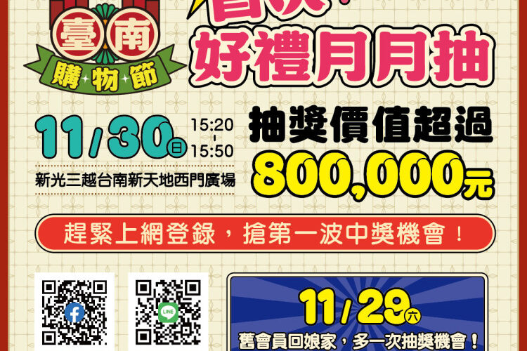 11/30首場臺南購物節好禮月月抽 智慧電車8萬現金等多重禮等你抽