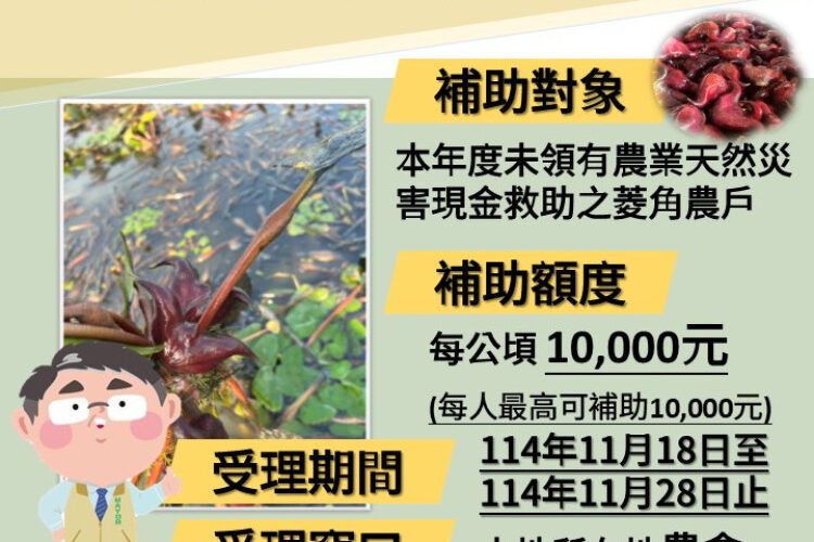 南市菱角農業資材補助 11/19-11/28受理申請