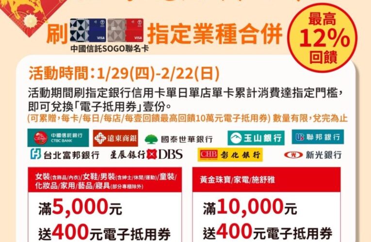 搶攻歲末採購商機  1/29(四)~2/22(日)  新竹SOGO推12%回饋