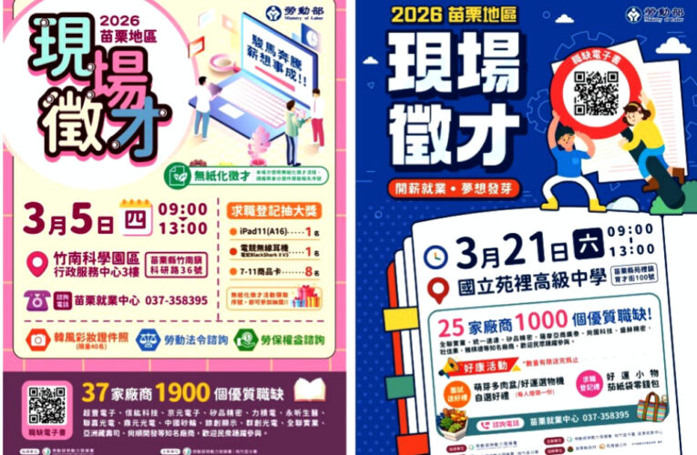 桃竹苗分署苗栗地區3/5、3/21徵才　兩場職缺多元共釋出2900工作機會