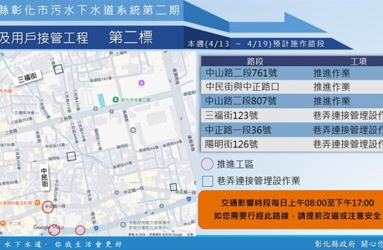 【彰化市污水下水道施工公告4/13(一)~4/19(日)】