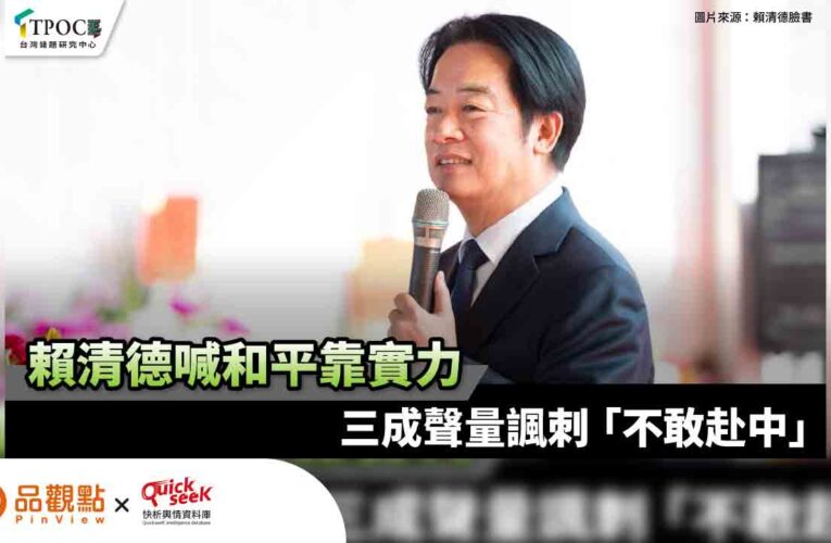 賴清德喊和平靠實力 三成聲量諷刺「不敢赴中」