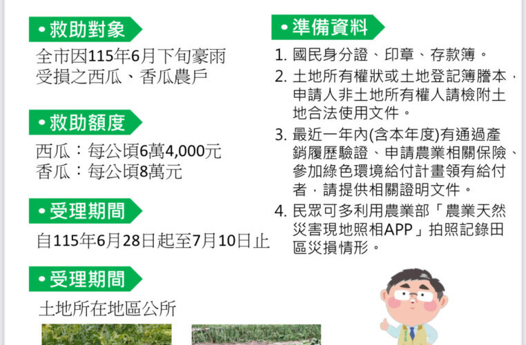 臺南西瓜香瓜6月下旬豪雨災損！6/28-7/10受理現金救助申請