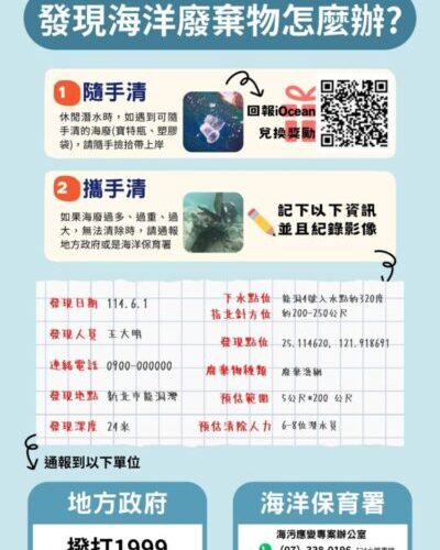海保署呼籲民眾發現海洋廢棄物立即通報 海廢清除網（MDCN）共守海洋環境