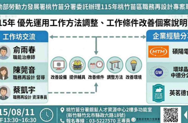 助企業因應高齡化與多元就業需求　桃竹苗分署8/11辦職務再設計說明會