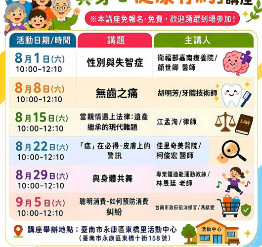 臺南家庭教育×華醫「與身心健康有約」講座 首場8/1顏世卿醫師談：性別與失智症