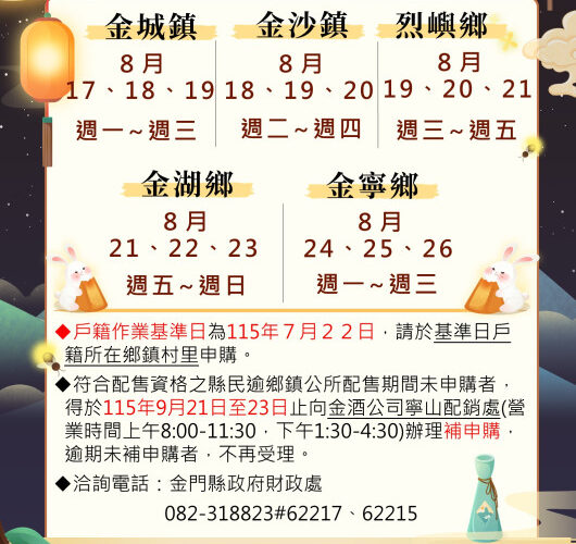 金門115年中秋配售酒8/17起展開 配售認證或恢復請期限內申辦