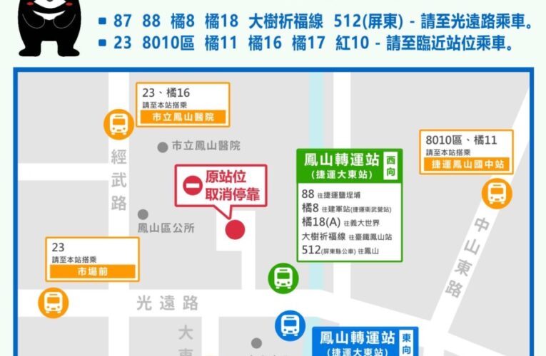 請公車族注意　 應捷運大東站聯開需要　 鳳山轉運站11條公車路線調整
