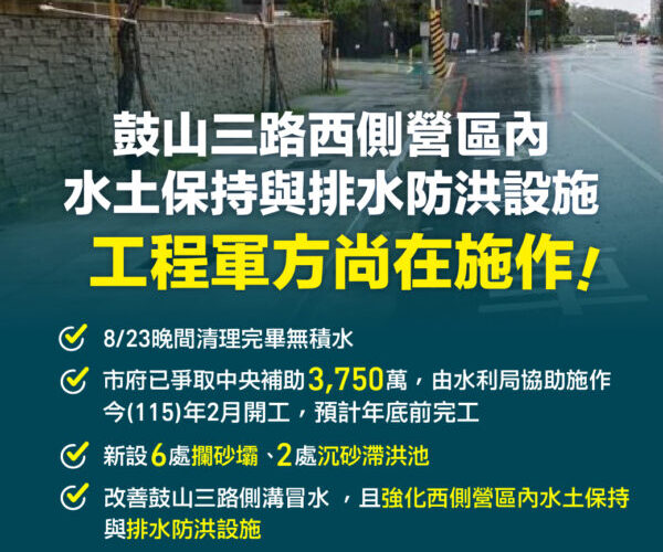 664毫米豪雨考驗鼓山防洪　高市府水利局：擋土牆奏效、營區水保工程年底完工
