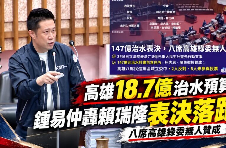 高雄18.7億治水預算 鍾易仲轟賴瑞隆表決落跑