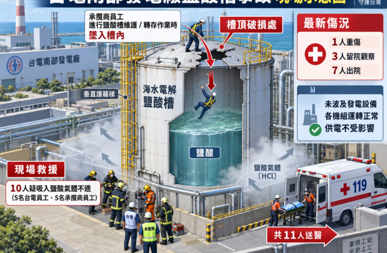 台電南部電廠鹽酸槽公安事故　11人送醫1重傷
