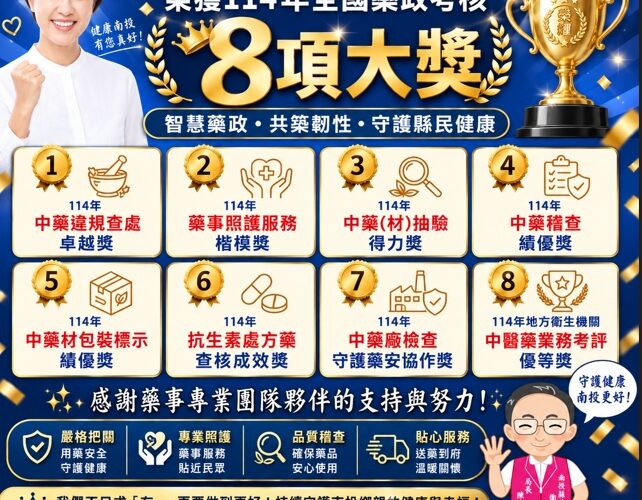 南投縣衛生局勇奪8項大獎　智慧藥政亮眼有成　用藥安全守護再獲全國肯定