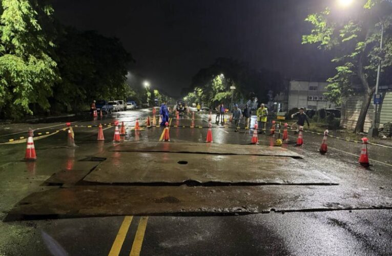 楠梓區芎林路路面下陷，高市水利局已完成緊急灌漿回填作業