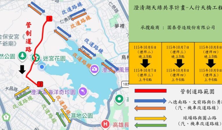 澄清湖人行天橋施工 10月6日至8日晚間封閉松藝路全線